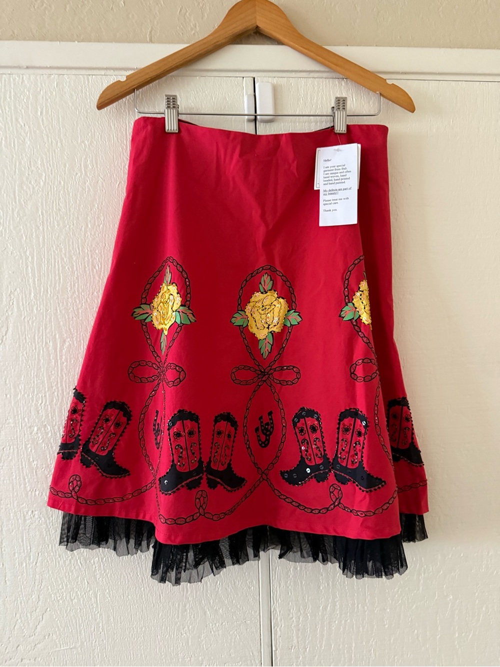 Boho Red Embroidered Midi Skirt with Black Tulle Hem